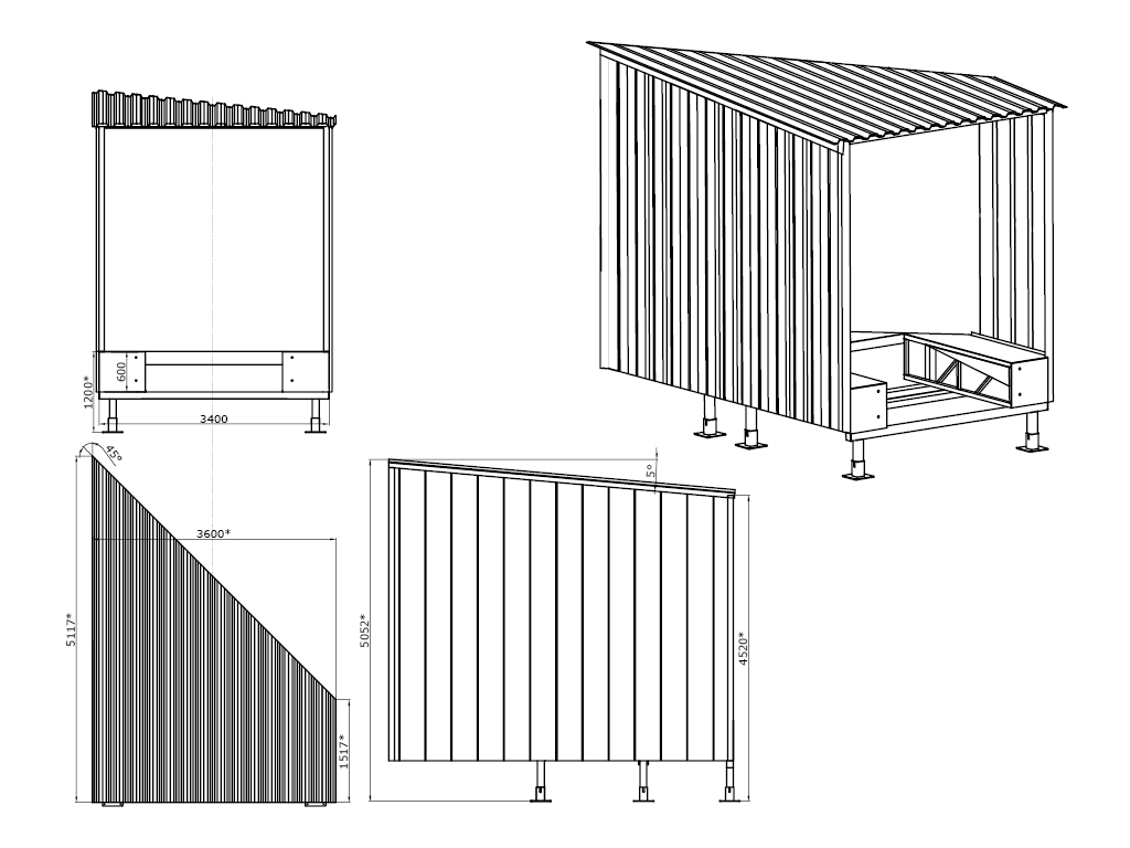 Модель тамбура DHOUS 45. Тамбур перегрузочный косой (45°) стандартной серии под уравнительную платформу с поворотной и выдвижной аппарелью встроенного типа.